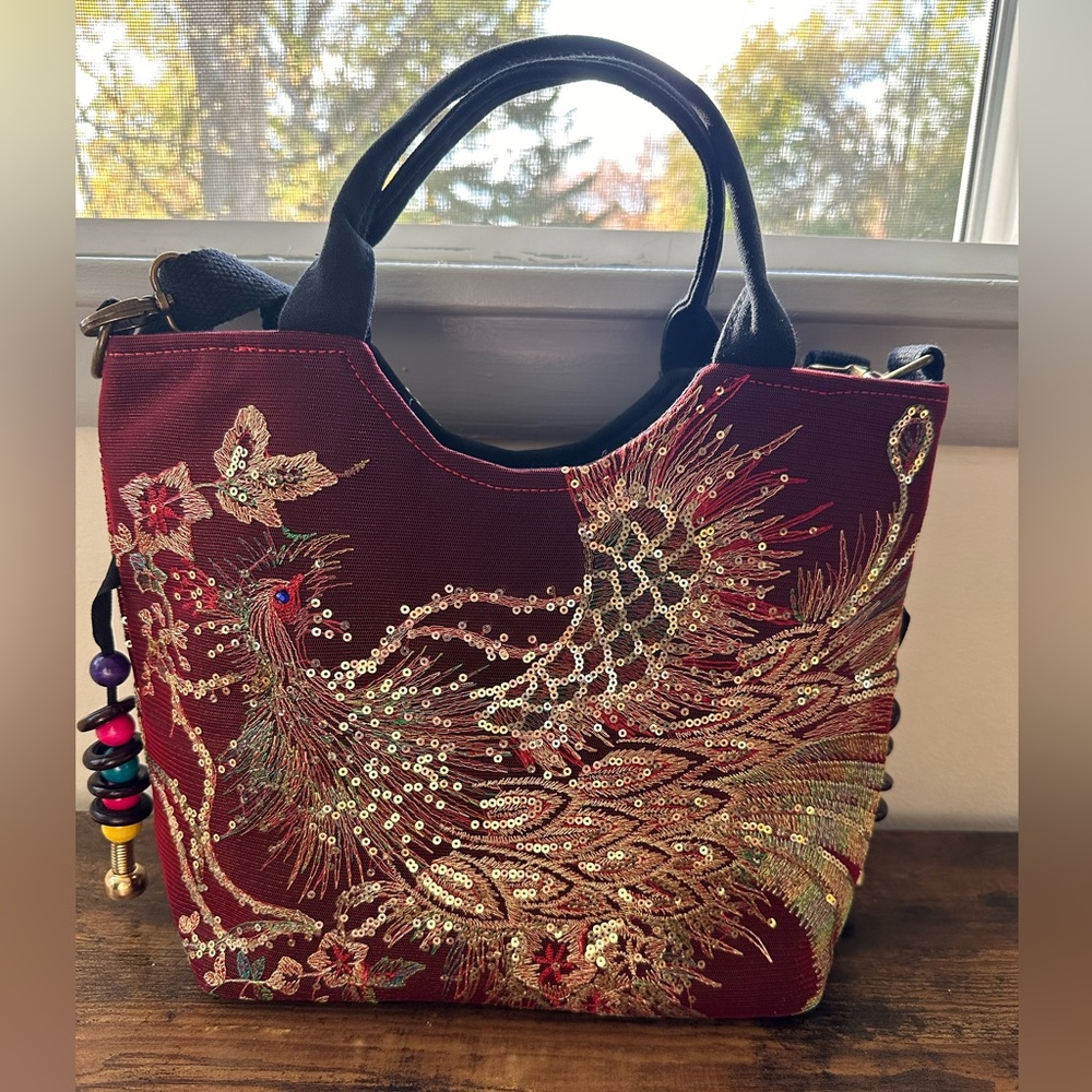 Red Embroidered Satchel, Double Handle Purse, Retro Style  With Removable Strap